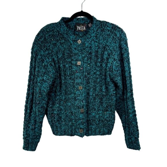 Vintage 80s Size Medium Cardigan Sweater Teal Chunky Metal Buttons by Pasta - Picture 1 of 5